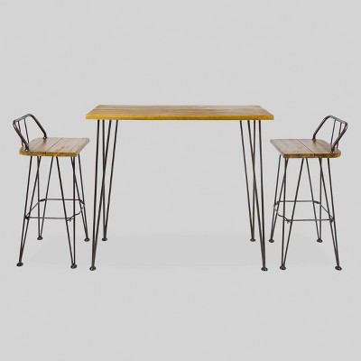 Denali 3-Piece Teak Acacia Wood and Iron Outdoor Bar Set