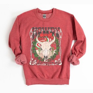 Simply Sage Market Women's Graphic Sweatshirt Howdy Christmas Bull - 1 of 4