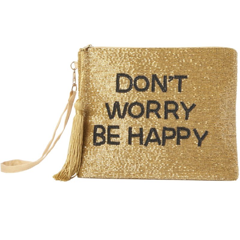 Mina Victory Sequin "Dont Worry Be Happy" 8" x 10" Clutch Bag Gold, 1 of 4