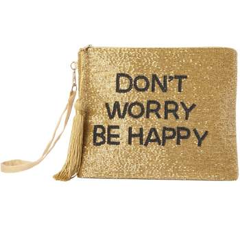 Mina Victory Sequin "Dont Worry Be Happy" 8" x 10" Clutch Bag Gold