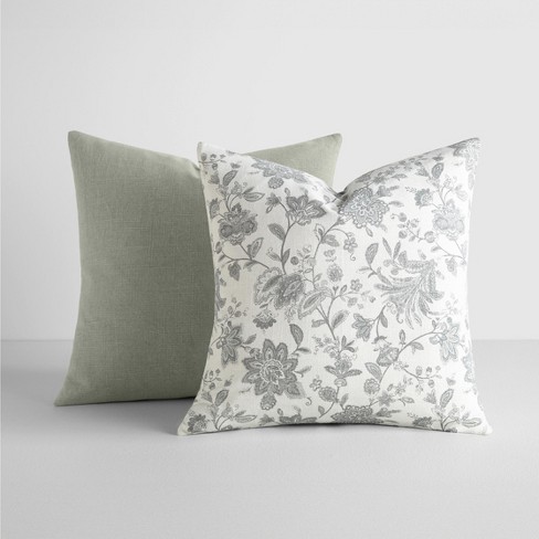 2-Pack Cotton Slub Charcoal Distressed Floral Throw Pillows and Pillow Inserts Set - Becky Cameron, Distressed Floral Charcoal