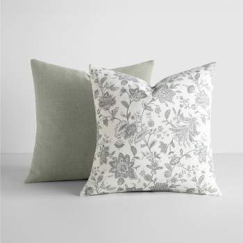 2-Pack Cotton Slub Gray Jacobean Throw Pillows and Pillow Inserts Set - Becky Cameron, Jacobean Gray, 20 x 20