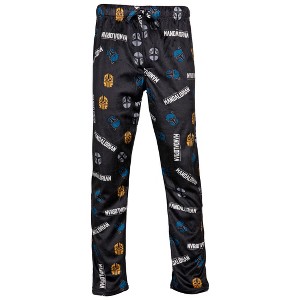 Mens Star Wars The Mandalorian Helmets and Logo All Over Print Sleep Pants - 1 of 3