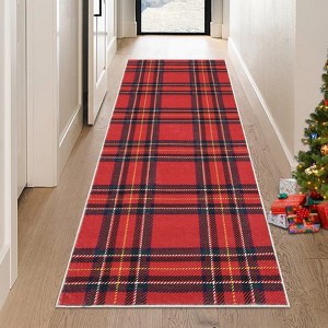Christmas Area Rug, Plaid Print Washable Soft Carpet with Non Slip Backing, Low Pile Stain Resistant Floor Mat for Living Room, Bedroom - 1 of 4