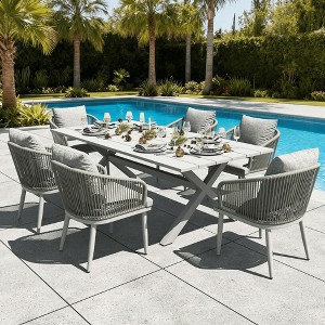 LayinSun 7 Pieces Outdoor Patio Dining Set, Aluminium Rectangular Dining Table and Wicker Rattan Chairs Set for Outside Backyard, Poolside - 1 of 4