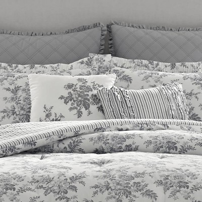 King Gray Floral Cotton 7-Piece Ruffled Bedspread Cover Set