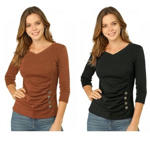 INSPIRE CHIC Women's V Neck 3/4 Sleeves Solid Knitted Buttons Decor Ruched Blouse 2 Packs - 1 of 4