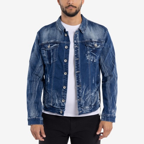 Long blue jean distressed jacket best sale