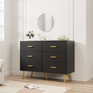 Modern Wooden Dresser with Gold Handles, White 6 Drawer Dresser with Storage Space,  Chest Dresser with Deep Drawers for Bedroom, Living Room - 1 of 4