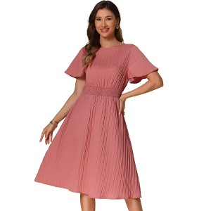 INSPIRE CHIC Women's Short Sleeve Elastic Waist Round Neck Pleated A-Line Casual Midi Dress - 1 of 4