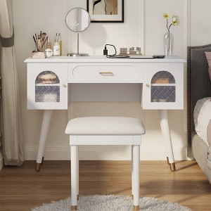 YONWAY Multi-Purpose Vanity Table, Writing Desk with Compartment Storage Drawer, 2 Cabinets and Charging Port for Study, Living Room - 1 of 4