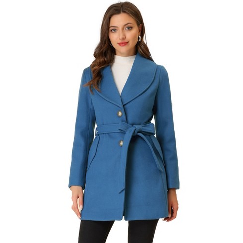 Allegra K Women's Casual Shawl Collar Single Breasted Belted Overcoat Dark  Blue Grey X-Small