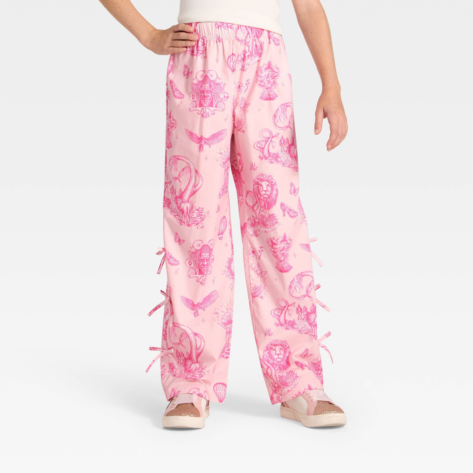 Wicked x Katie Kime Girls' Toile Printed Bow Detailed Poplin Pants - Light Pink