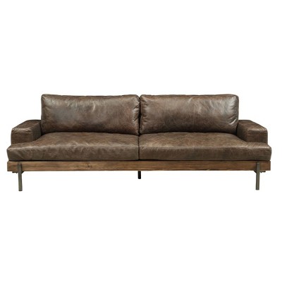 Elegant Oak and Distressed Chocolate Leather Sofa with Track Arms