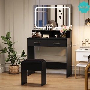 Jojoka Makeup Vanity Desk with LED Mirror, Built-In Power Outlets, 2 Drawers, Hair Dryer Holder, Cushioned Stool, Modern Bedroom Vanity Set - 1 of 4