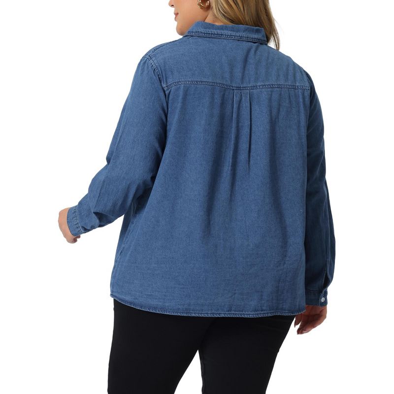 Agnes Orinda Women's Plus Size Denim Long Sleeve Button Down Jean Pockets Shirts, 4 of 6