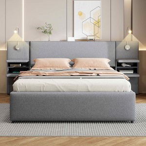 MAYEERTY Queen Size Upholstered Platform Bed, Reading Lights Drawers Trundle Shelves, Bedroom, Gray - 1 of 4