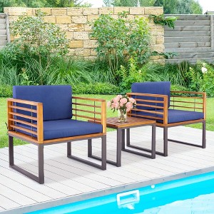 Costway 3pcs Patio Acacia Wood Bistro Conversation Cushioned Chair & Table Set Outdoor - 1 of 4
