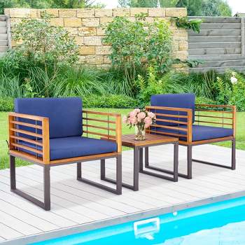 Costway 3pcs Patio Acacia Wood Bistro Conversation Cushioned Chair & Table Set Outdoor