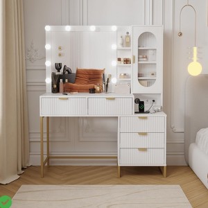 Vanity Benches Modern Makeup Vanity Desk w/ Adjustable Mirror Built in Charging Station 5 Drawers - 1 of 4