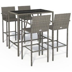 vidaXL 5 Piece Patio Bar Set - Poly Rattan Outdoor Furniture - Gray - Weather-Resistant - Tempered Glass Tabletop - Easy Assembly - 1 of 4