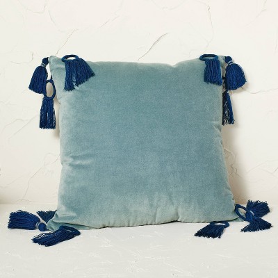 Velvet Square Throw Pillow with Ring Tassels Light Blue - Opalhouse™ designed with Jungalow™