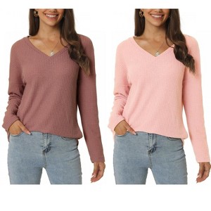 INSPIRE CHIC Women's V Neck Waffle Knit Long Sleeve Casual Tunic Blouses 2 Packs - 1 of 4
