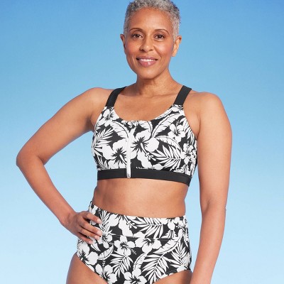 Lands' End Women's Upf 50 Floral Print Zip-front Bikini Top - Black/white S  : Target