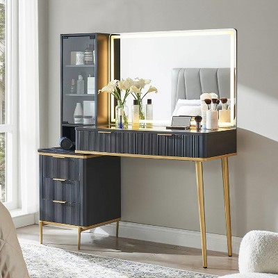 Fluted Makeup Vanity Tables with 36" HD Lighted Mirror, 48" Big Modern Vanity Desk with Glass Top & 5 Drawers & Shelves, Dressing Table