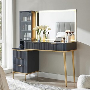 Fluted Makeup Vanity Tables with 36" HD Lighted Mirror, 48" Big Modern Vanity Desk with Glass Top & 5 Drawers & Shelves, Dressing Table - 1 of 4