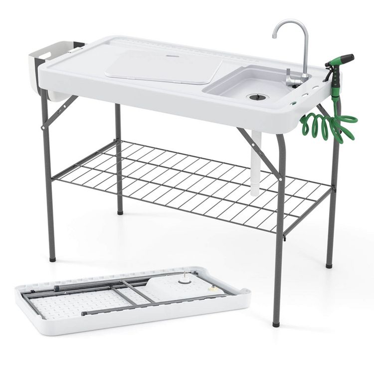 Costway Folding Fish Cleaning Table Portable Camping Table with  Faucet Hose Grid Rack, 4 of 10