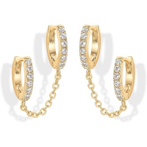 14K Gold Chain Earrings for Women | Double Piercing Dangle Chain Huggie Hoop Earrings | Cubic Zirconia Pearl Stud Ear Cuff Earrings for Women - 1 of 4