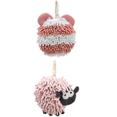 REGALWOVEN 2 Packs Chenille Fuzzy Ball Bathroom Sheep Shape Absorbent Fast Drying Hand Towels 7" x 7"