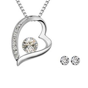 White Crystal Jewelry Set - Heart Pendant Necklace and Earrings - 1 of 3