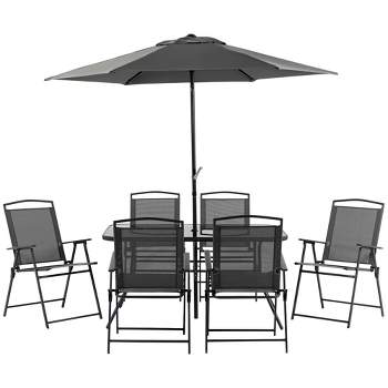Outsunny 8 Piece Patio Dining Set with Table Umbrella, 6 Folding Chairs and Rectangle Dining Table, Outdoor Patio Furniture Set