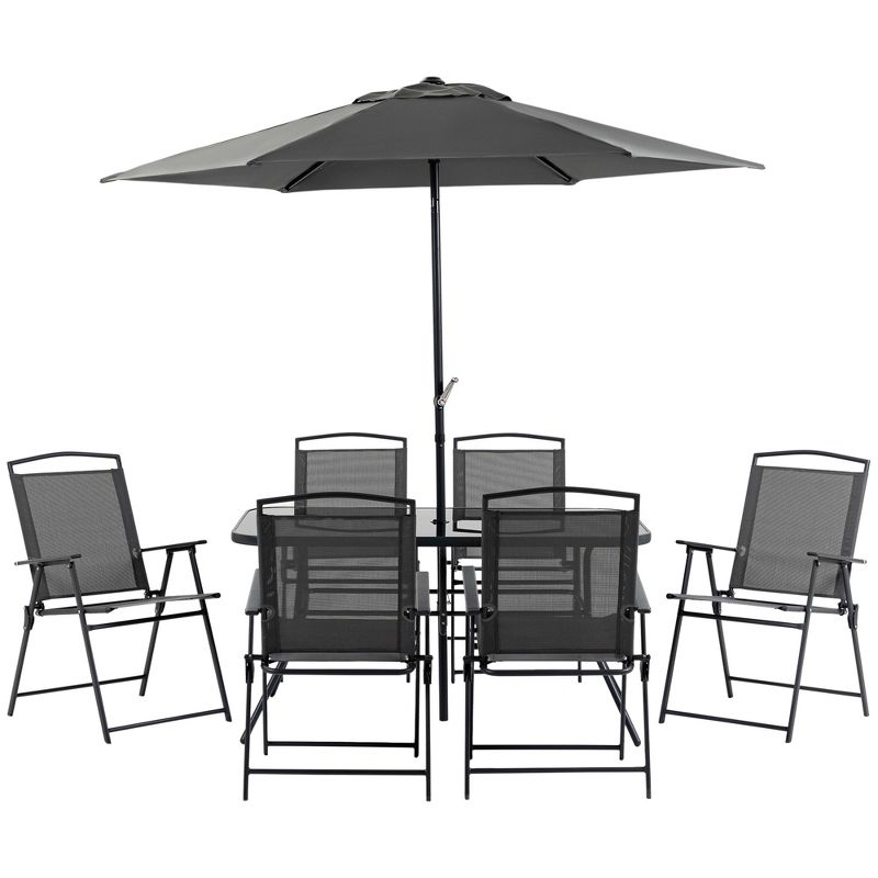 Outsunny 8 Piece Patio Dining Set with Table Umbrella, 6 Folding Chairs and Rectangle Dining Table, Outdoor Patio Furniture Set, 1 of 7