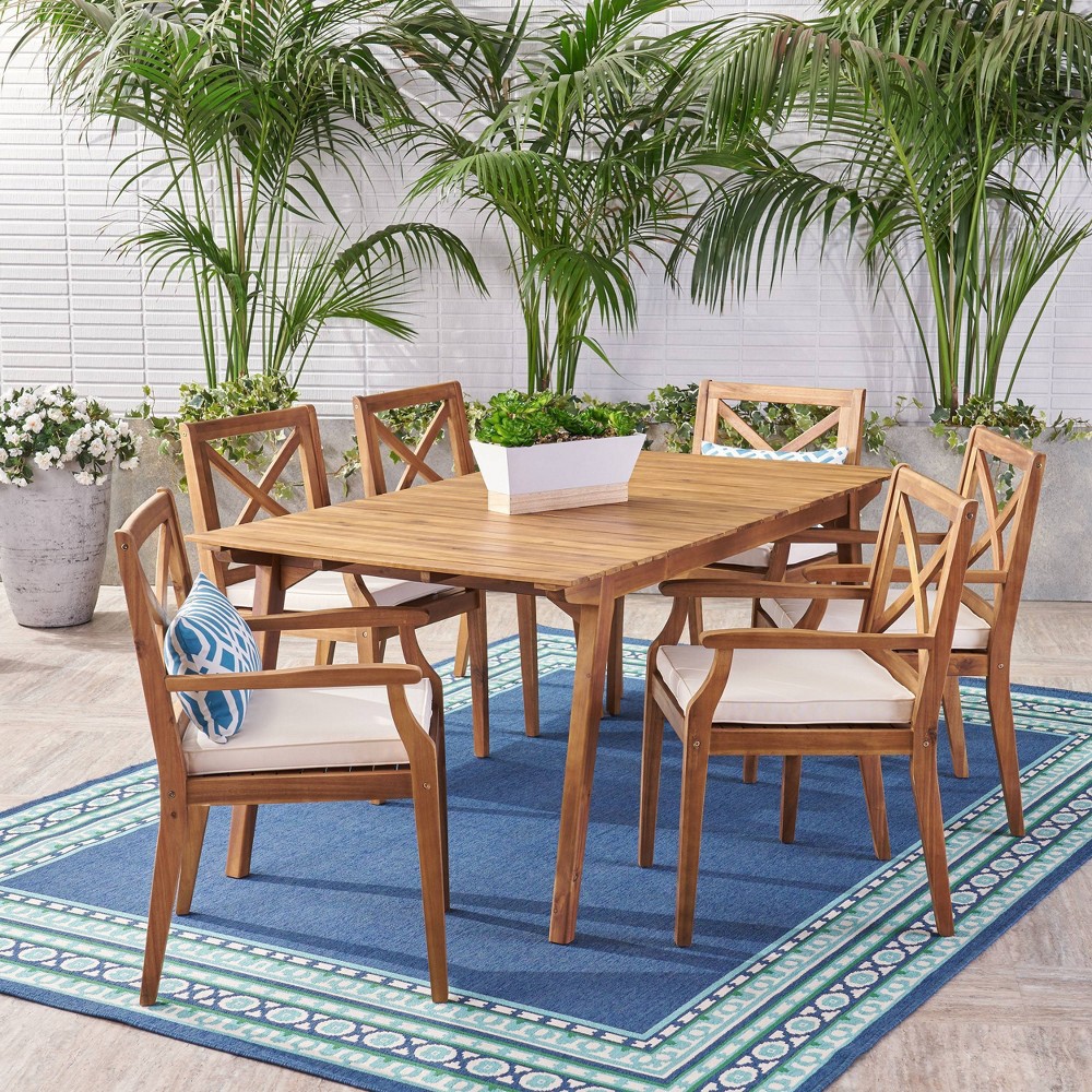 Photos - Garden Furniture Mesa 7pc Acacia Wood Dining Set - Teak/Cream - Christopher Knight Home