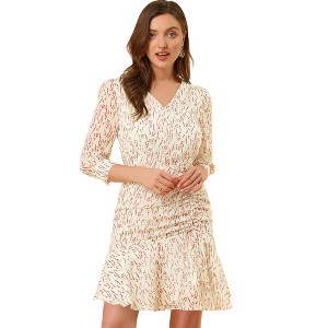 Allegra K Women's Regular Fit Floral 3/4 Sleeve Ruffle Hem Buttons Decor Drawstring Ruched Chiffon Dress - 1 of 4