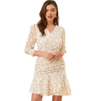 Allegra K Women's Regular Fit Floral 3/4 Sleeve Ruffle Hem Buttons Decor Drawstring Ruched Chiffon Dress