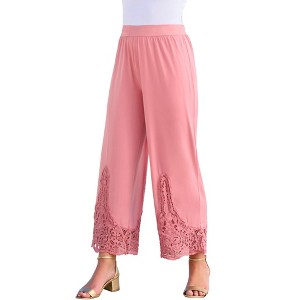 Roaman's Women's Plus Size Wide Leg Ultrasmooth Fabric Lace Pant - 1 of 4