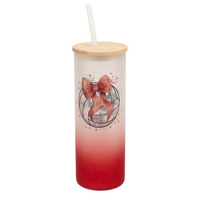 Elanze Designs 25 Ounce Frosted Glass Gradient Travel Tumbler With Straw and Wooden Lid, Volleyball with Pink Bow Red