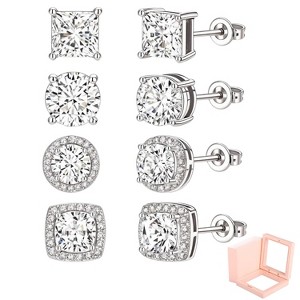 925 Sterling Silver Earrings for Women - 4 Pairs of Earrings with Zirconia Round and Square, Hypoallergenic Needle for Sensitive Ears - 1 of 4