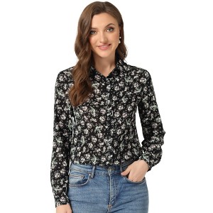 Allegra K Women's Point Collar Long Button Sleeve Button Down Floral Shirt - 1 of 4