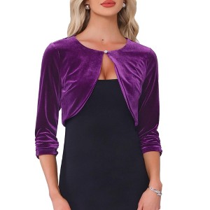 Allegra K Women Velvet Crew Neck Cropped 3/4 Sleeve Shrug Cardigan - 1 of 4