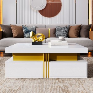 CAVINAS 43.3" Square Coffee Table,MDF Table with 4 Drawers,Gold Accents,Suspended Base,800LBS Capacity,Storage Center Table for Living Room - 1 of 4