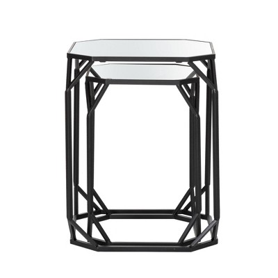 15.5" Round Black Metal and Glass Mirrored Accent Table Set