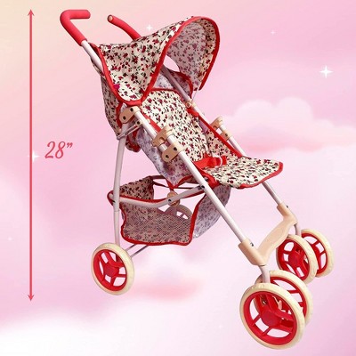 28-inch Floral Print Baby Doll Stroller with Ruby Red Trim