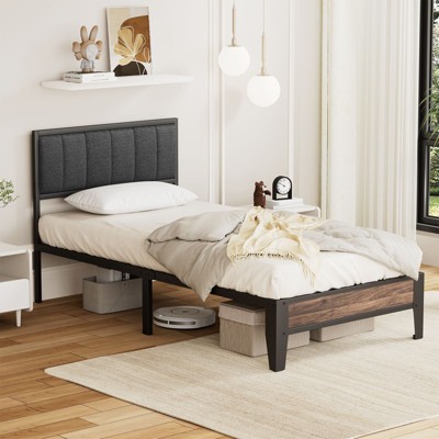 Lusimo Twin XL Metal Platform Bed Frame with Fabric Upholstered Headboard Easy Assembly