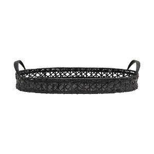Storied Home Decorative Hand-Woven Rattan Tray with Handles, Black - 1 of 4