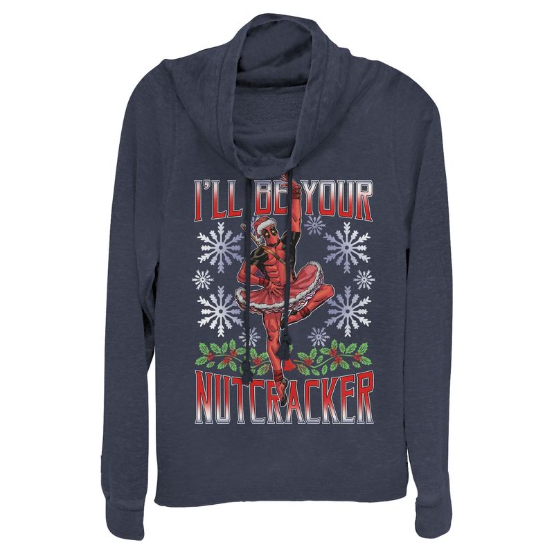Juniors Womens Marvel Christmas Deadpool Nutcracker Cowl Neck Sweatshirt, 1 of 4